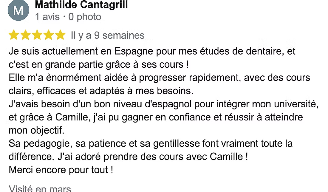 Avis 5 étoiles de Mathilde – cours d'espagnol à l'École Blabla Latina