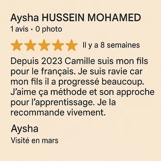 Avis 5 étoiles de Mohamed – cours de français FLE à l'École Blabla Latina