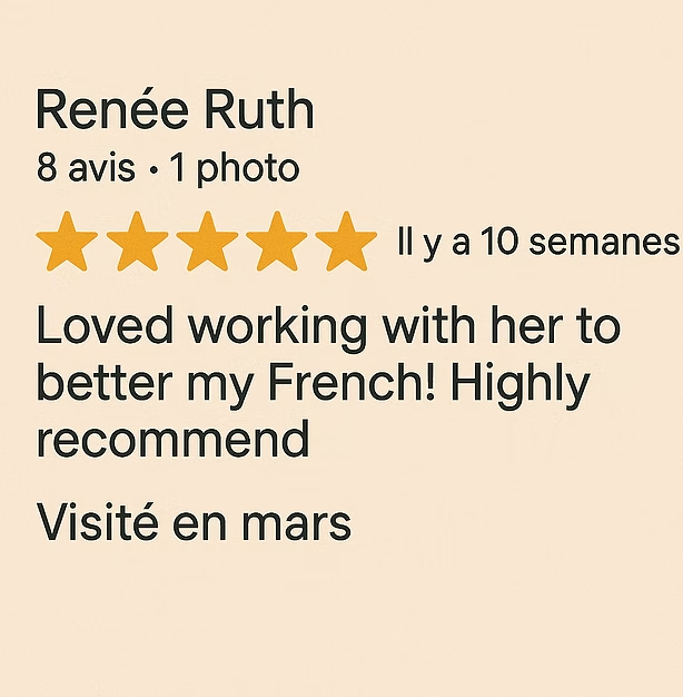 Avis 5 étoiles de Renée – cours de français FLE à l'École Blabla Latina