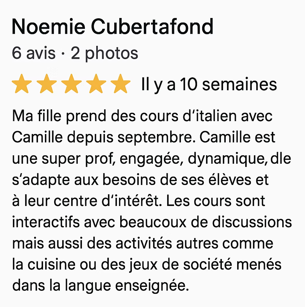 Avis 5 étoiles de Noémie – cours d'italien à l'École Blabla Latina